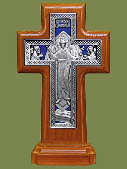 Крест гальванический на подставке, плетенка, серебрение, ясень, двухсторонний,  (Распятие/Воскресение Христово), с эмалью