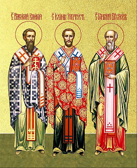 Икона Василий, Иоанн, Григорий святители с золочением, деревянная рамка со стеклом 15х18х2 см
