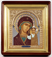 Икона живописная в киоте 24х30 темпера, риза открытая, никель, эмаль, киот №1 Казанская БМ