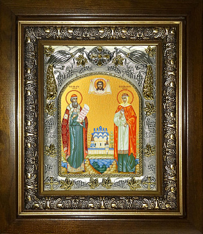 Икона Петр и Феврония святые благоверные князья, в деревяном киоте