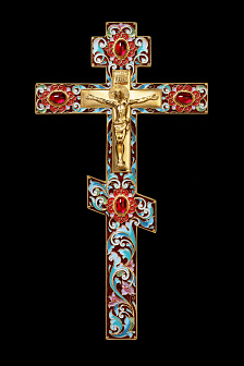Крест напрестольный №2 филигрань, эмаль, литьевое распятие / золочение