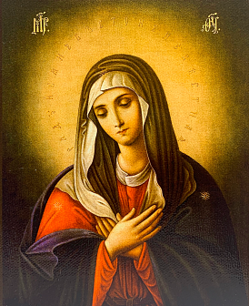 Икона Умиление Божия Матерь на холсте в киоте 141