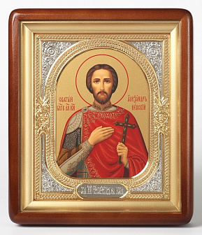 Икона в киоте 18х24 фигурный, темпера, риза-рамка объемная, открытая, золочёная, никелирование Александр Невский 1