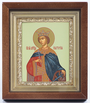 Икона в киоте 11х13 сложный, темпера, рамка золочёная Екатерина