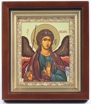 Икона в киоте 11х13 сложный, темпера, рамка золочёная Архангел Михаил