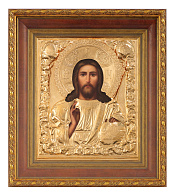 Икона живописная в киоте 24х30 масло, риза № 76, матовое глянцевое золочение, киот №22 Спаситель
