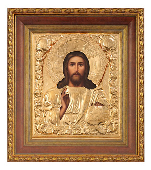 Икона живописная в киоте 24х30 масло, риза № 76, матовое глянцевое золочение, киот №22 Спаситель Икона живописная в киоте 24х30 масло, риза № 76, матовое глянцевое золочение, киот №22 Спаситель