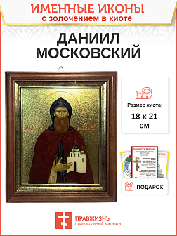 Икона Даниил Московский благоверный князь с золочением, киот 18х21х4 см