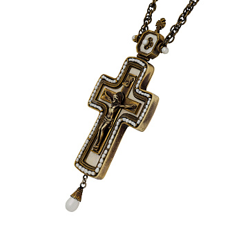 Крест наперсный №185 литьевое распятие, перламутр / патинирование