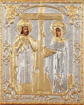 Константин и Елена икона живописная в ризе 18х24 масло, объемная риза № 75, золочение