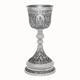 Потир 1.0л ручная гравировка с 4мя-ликами, чеканка / поддон 1, 5л потира / серебро (УИН)