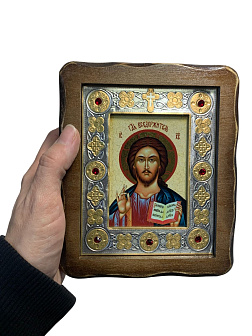 Венчальные иконы Спаситель и Казанская со вставкой металл на дереве под старину Византикос 16х19