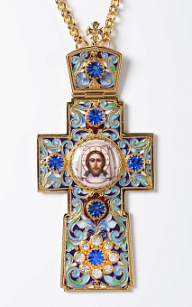 Крест наперсный филигрань №0003 одинарный рант финифть круглая, эмаль / золочение Крест наперсный филигрань №0003 одинарный рант финифть круглая, эмаль / золочение