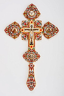 Крест напрестольный №4 5-финифтей, филигрань, эмаль, хим.гравировка / золочение