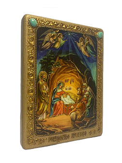 Настольная икона ''Рождество Господа Бога и Спаса нашего Иисуса Христа'' на мореном дубе