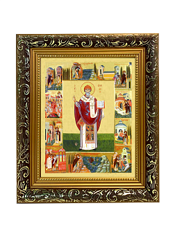 Икона с житием святителя Спиридона Тримифунтского, чудотворца с золочением поталью, 06015-УЛ