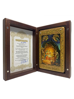 Настольная икона ''Рождество Господа Бога и Спаса нашего Иисуса Христа'' на мореном дубе