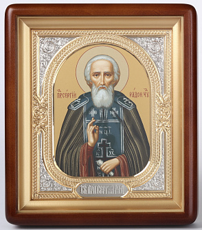 Икона в киоте 18х24 фигурный, темпера, риза-рамка объемная, открытая, золочёная, никелирование Сергий Радонежский 1