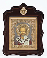 Икона в киоте 18х24 фигурный с навершием, темпера, риза объемная, золочение, никелир, без цаты Николай Чудотворец