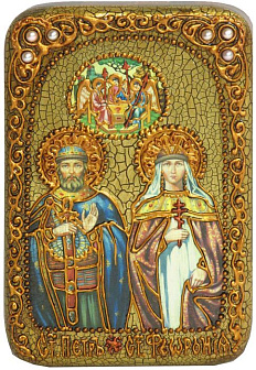 Настольная икона ''Петр и Февронья'' на мореном дубе