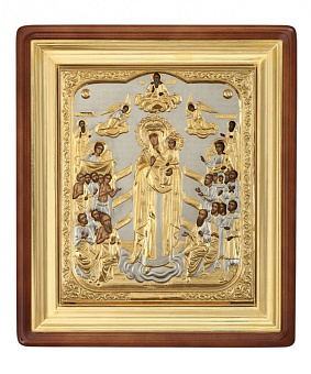 Икона живописная в киоте 60х75 масло, объемная риза №182 золочение, золоченый подрамник Всех скорбящих Радость БМ