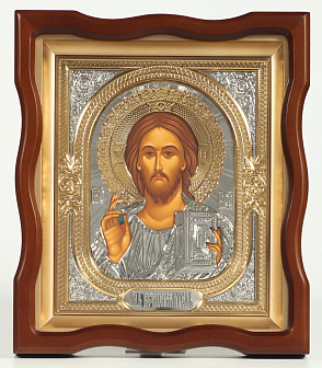 Икона в киоте 18х24 фигурный №4 темпера, риза объёмная, никель, золочение