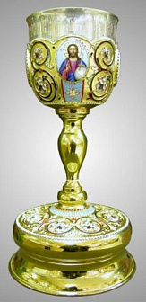 Потир 1, 0л 4-финифти, филигрань, эмаль, роспись / поддон старого образца / золочение / серебряный стакан (УИН)