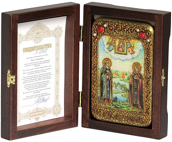 Настольная икона ''Петр и Февронья'' на мореном дубе