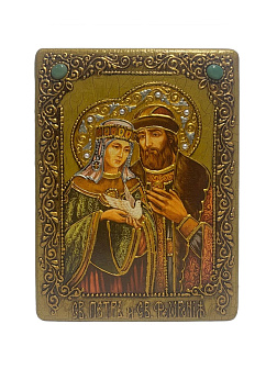Настольная икона ''Петр и Февронья'' на мореном дубе