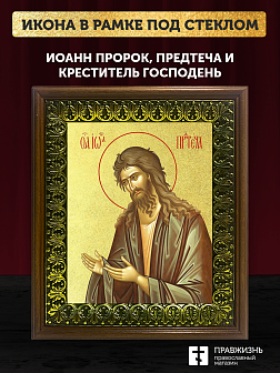 Икона Иоанн пророк Предтеча и Креститель Господень с золочением, деревянная рамка с басмой и стеклом Икона Иоанн пророк Предтеча и Креститель Господень с золочением, деревянная рамка с басмой и стеклом