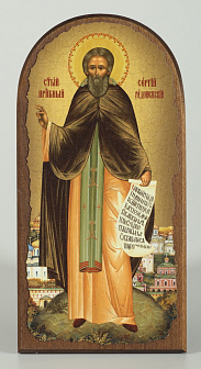 Икона на дереве 11х22 арочная, канвас, упаковка Сергий Радонежский (с житием)