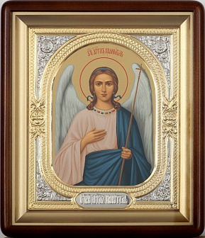 Ангел Хранитель, Икона в киоте 18х24 фигурный, темпера, риза-рамка объемная, открытая, золочёная, никелирование