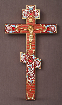 Крест напрестольный №2 филигрань, эмаль, литьевое распятие / золочение