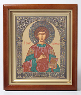 Икона в киоте 15х19 сложный, темпера, венчик, рамка фигурная, патинированая Пантелеимон (золотой фон)