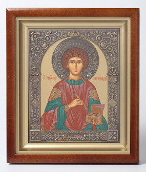Икона в киоте 15х19 сложный, темпера, венчик, рамка фигурная, патинированая Пантелеимон (золотой фон)