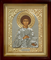 Икона в киоте 15х19 сложный, темпера, риза объёмная, никель, золочение Пантелеимон