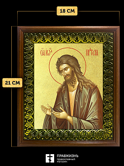 Икона Иоанн пророк Предтеча и Креститель Господень с золочением, деревянная рамка с басмой и стеклом Икона Иоанн пророк Предтеча и Креститель Господень с золочением, деревянная рамка с басмой и стеклом