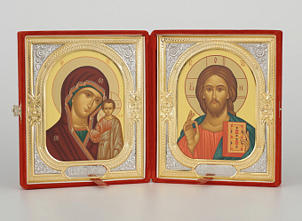Складень в футляре 18х24 бархат, темпера, риза-рамка частично золочёная Спаситель-Казанская БМ Складень в футляре 18х24 бархат, темпера, риза-рамка частично золочёная Спаситель-Казанская БМ