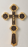 Крест напрестольный №6-17 сложный малый с литыми накладками золочение патинирование