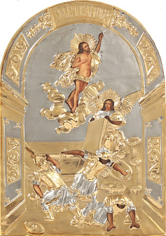 Икона живописная Воскресения Христова 24х30, масло, риза №86, золочение, арочая