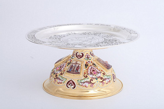 Дискос ручная гравировка / ф320мм / серебро, поддискосник медь / 3, 0л№6 потира / филигрань, эмаль, роспись, чеканка, 4-финифти / золочение / (УИН)