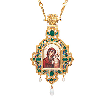 Панагия №1415 / Фианиты деколь, эмаль / золочение / Казанская БМ