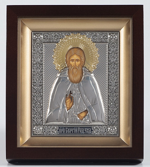 Икона в киоте 11х13 фигурный №2 темпера, пластмассовый подрамник, риза никель, эмаль, золоч Сергий Радонежский