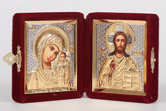 Складень в футляре 6х7 бархат, плёнка, риза объёмная, никелирование, золочение Спаситель-Казанская БМ