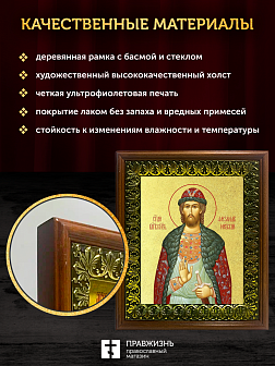 Икона Александр Невский благоверный князь с золочением, деревянная рамка с басмой и стеклом 18х21х2,