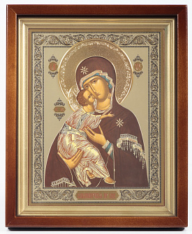 Икона в киоте 22х26 сложный, тройное тиснение, венчик золоченый Владимирская БМ