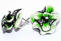 Серьги из серебра в виде цветов, с эмалью и кубическим цирконием, 925 проба, вес 16г (зеленые)
