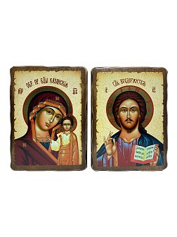 Венчальные иконы Спаситель и Казанская на дереве под старину 17х23 см