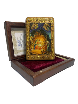 Настольная икона ''Рождество Господа Бога и Спаса нашего Иисуса Христа'' на мореном дубе