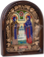 Икона Петр и Феврония в деревянном киоте со стеклом